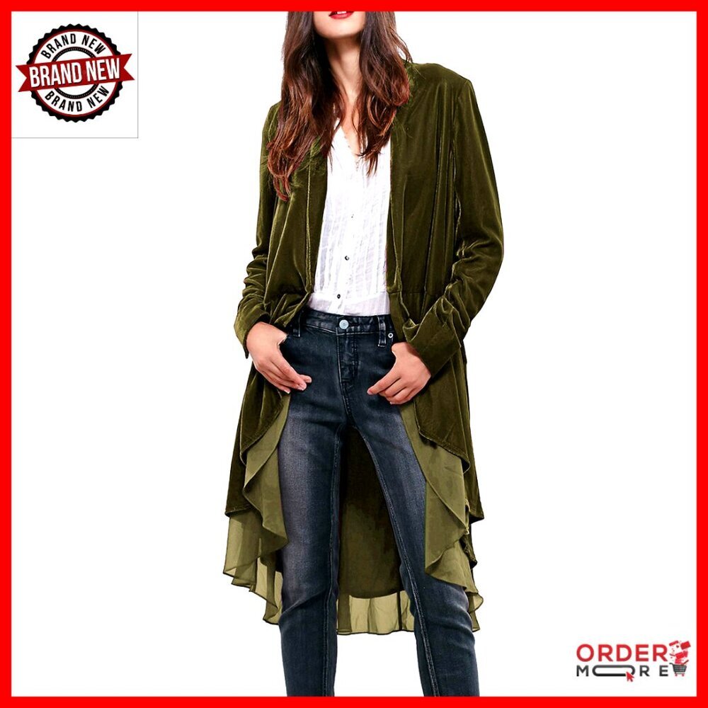 Long Velvet Blazer Coat with Ruffled Asymmetric Hem, Loose Fit
